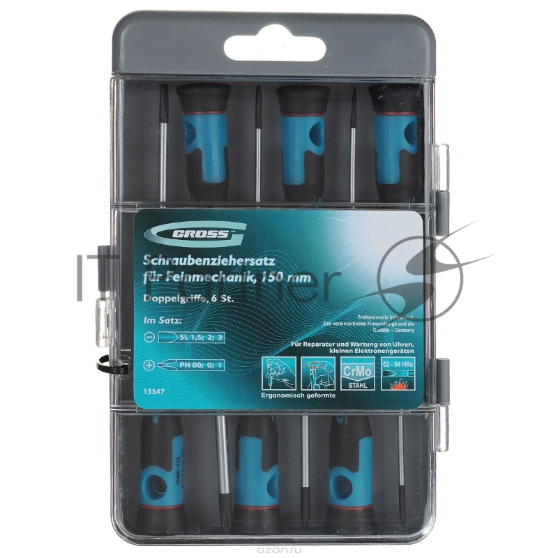 Набор отверток GROSS 13347 для точной механики crmo двухкомпонентные рукоятки 6шт. пласт. бокс
