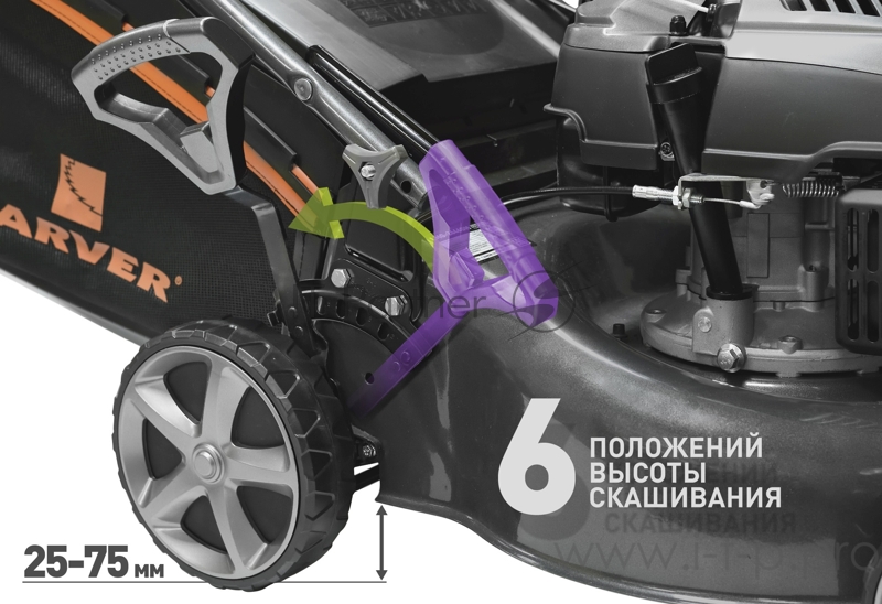 Газонокосилка CARVER LMG-2646DM бенз. 2.6кВт ш-46см кол. 7''/8'' травосб.65л мульч. самоходн.