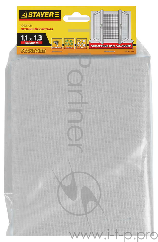 Сетка STAYER 12515-11-13 противомоскитная для окон стекловолокно+пвх белая 1.1х1.3м