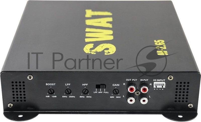 Усилитель SWAT M-2.65 Мощность RMS 65 Вт х 2 (4 Ом), 100 Вт х 2 (2 Ом), 200 Вт х 1 (4 Ом) (мостовой режим). Макс. мощность 320 Вт. LPF (фильтр низких частот) 50 Гц - 250 Гц. HPF (фильтр высоких частот) 80 Гц - 5 кГц. Частотная характеристика 10-20 кГ