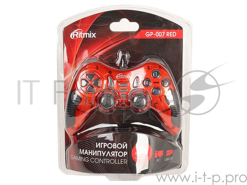 Геймпад RITMIX GP-007 Red для ПК, USB, 2 вибромотора, 19 кнопок, кабель 1,5м