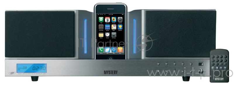 Микросистема с поддержкой IPod Mystery MIP-20 (цифровая стереосистема с поддержкой I-Pod, 2х15 Вт, разъем для сабвуфера, AM/FM тюнер, часы/будильник/таймер, упр. I-Phone, линейный вход, разъем для наушников, пульт)