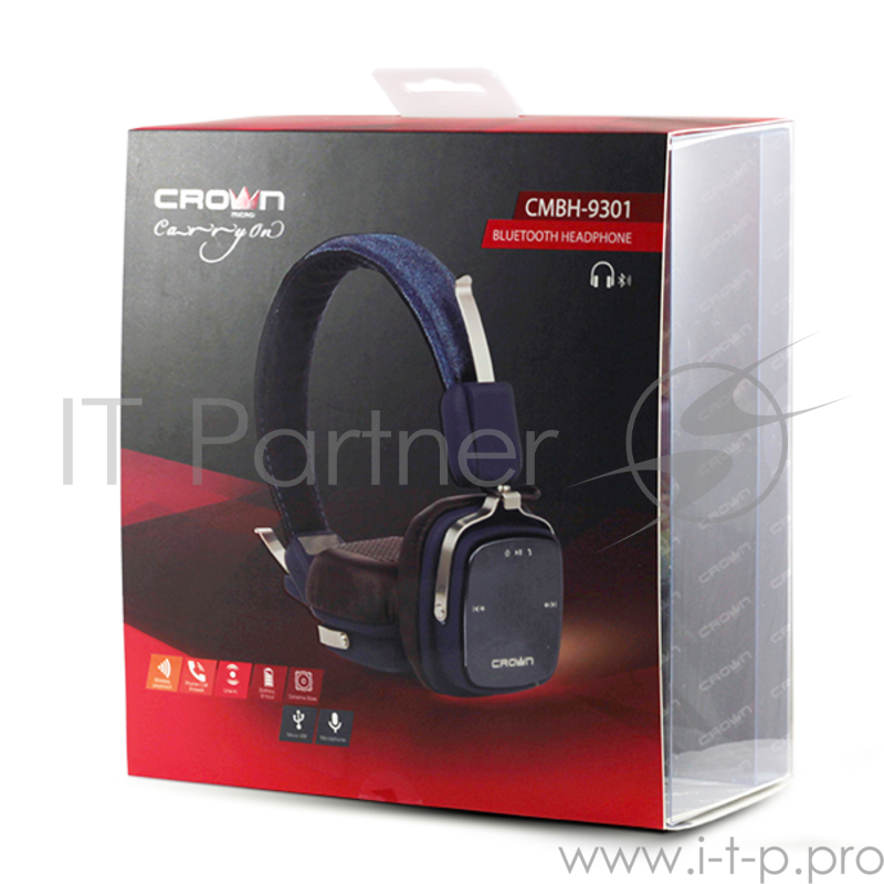 Наушники CROWN CMBH-9301 (blue jeans) ( Bluetooth: 3.0, hands free, 32 Ом, 20 Гц-20.000 Гц, Li-Pol 380 мА, Jack 3.5мм stereo - 1.3м, металлический обод, джинсовая ткань)