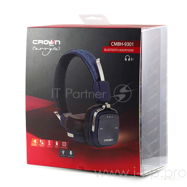 Наушники CROWN CMBH-9301 (blue jeans) ( Bluetooth: 3.0, hands free, 32 Ом, 20 Гц-20.000 Гц, Li-Pol 380 мА, Jack 3.5мм stereo - 1.3м, металлический обод, джинсовая ткань)