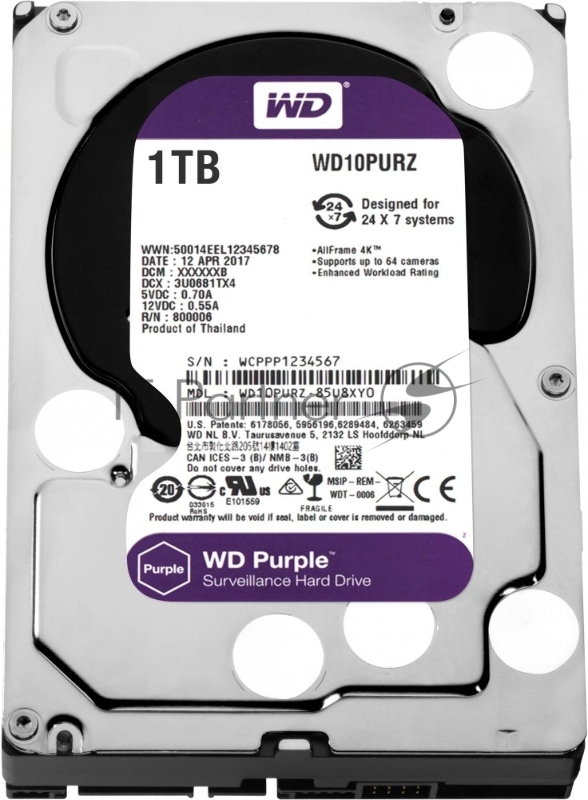 Жесткий диск 1TB WD Purple (WD10PURZ) {Serial ATA III, 5400- rpm, 64Mb, 3.5