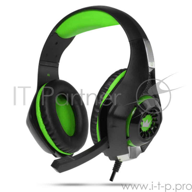 Гарнитура игровая CROWN CMGH-102T Black&green (Подключение USB, встроенная аудио карта, Частотныи? диапазон: 20Гц-20,000 Гц ,Кабель 2.1м,Размер D 250мм)