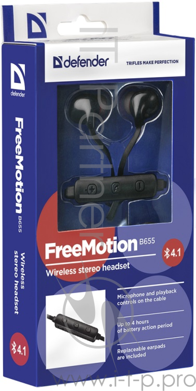 Гарнитура Defender FreeMotion B655 черный, вставки, Bluetooth