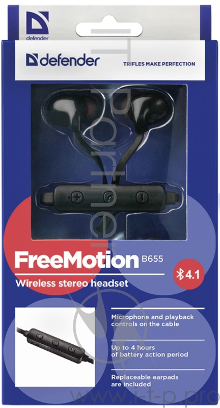 Гарнитура Defender FreeMotion B655 черный, вставки, Bluetooth