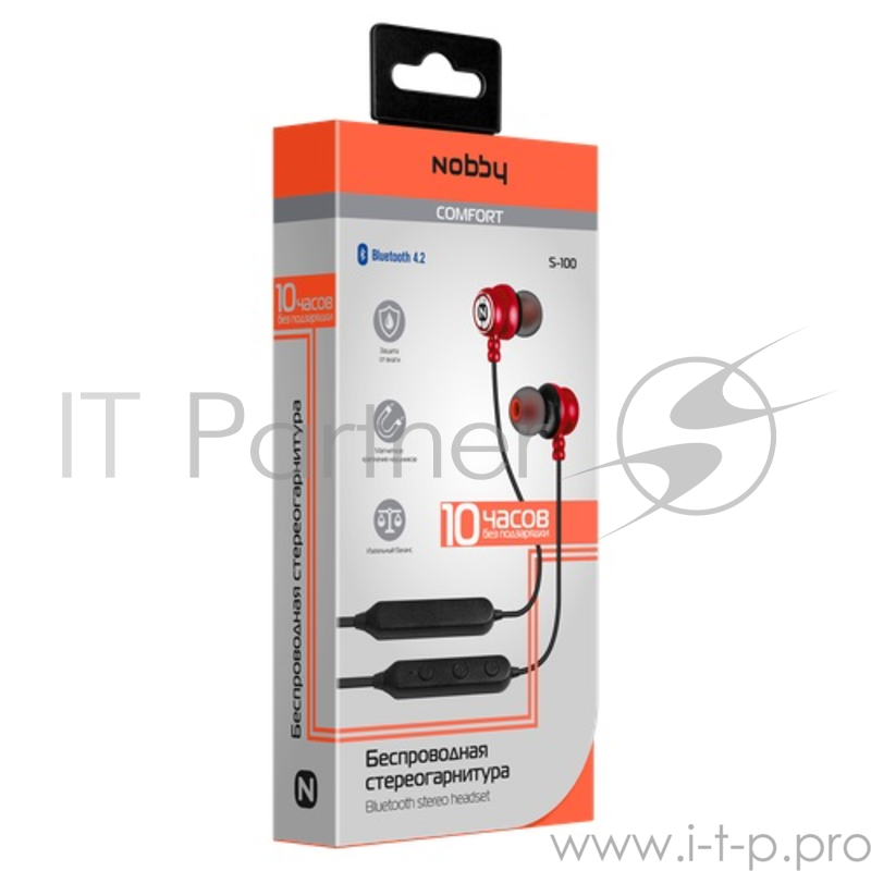 Беспроводная стереогарнитура Nobby Comfort S-100, NBC-BH-42-90, BT 4.2, металлическая, красный