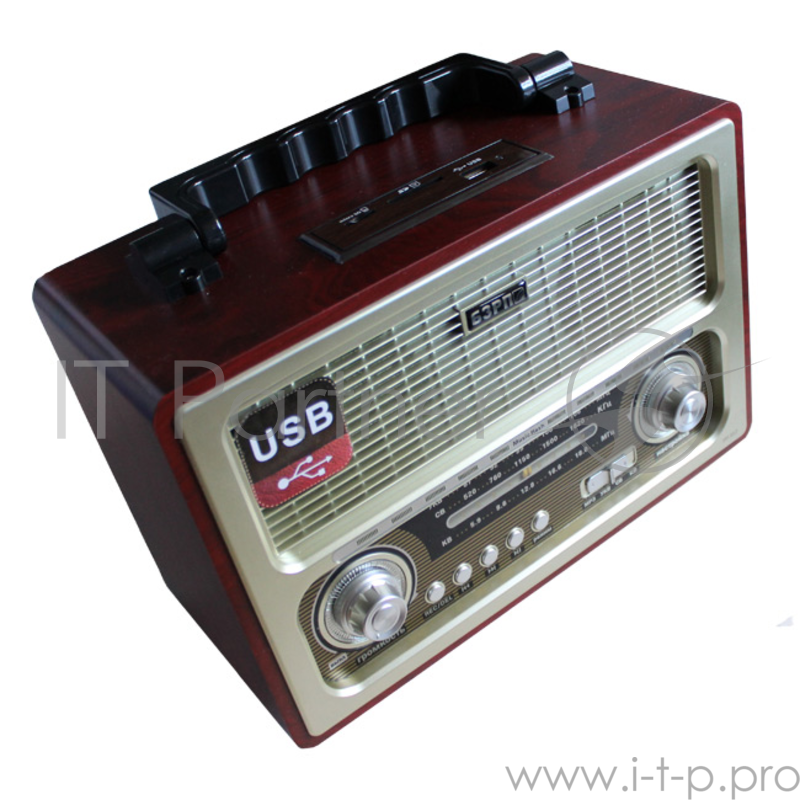 БЗРП РП-312 USB, SD, microSD, стереозвук(Диапазон УКВ 64-108 Мгц/СВ-530-1600Кгц/КВ-5,6-18,3 Мгц, USB, функция записи, слот под SDкарту, МР3, 6В/220В, стереозвук, размер 275х130х185 мм.)