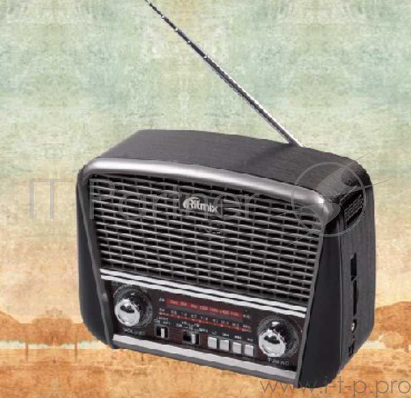 радиоприемник RITMIX RPR-065 серый Портативный трёхдиапазонный радиоприемник FM / AM / SW, функция MP3-плеера (читает файлы с microSD/SD/USB носителей), яркий встроенный фонарь, питание от встроенного аккумулятора, от сети 220В, от батареек типа D (2