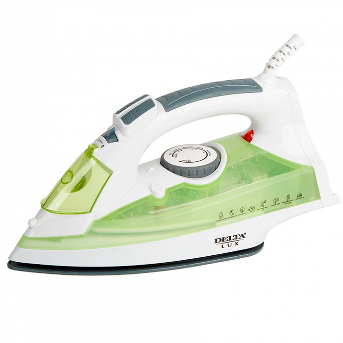 Утюг DELTA LUX DL-350 зеленый (зеленый 2200 Вт, подошва с керамическим покрытием, сухое глажение, разбрызгивание воды, отпаривание, антинакипь, антикапля, паровой удар, самоочистка, вертикальное отпаривание, свет. индикатор,терморегулятор, мерный ст