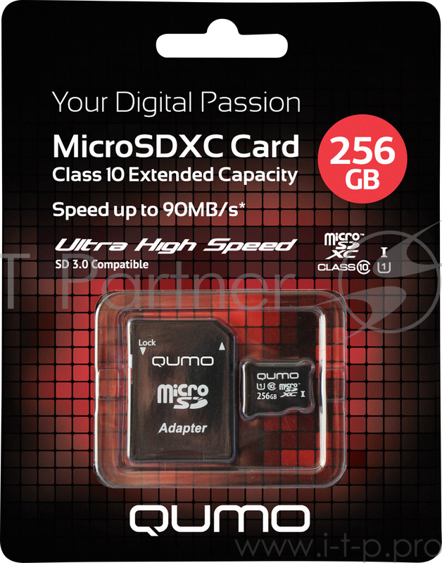 Карта памяти QUMO MicroSDXC 256 GB UHS-I, 3.0 с адаптером SD, R/W 90/20 MB/s черно-красная картонная упаковка