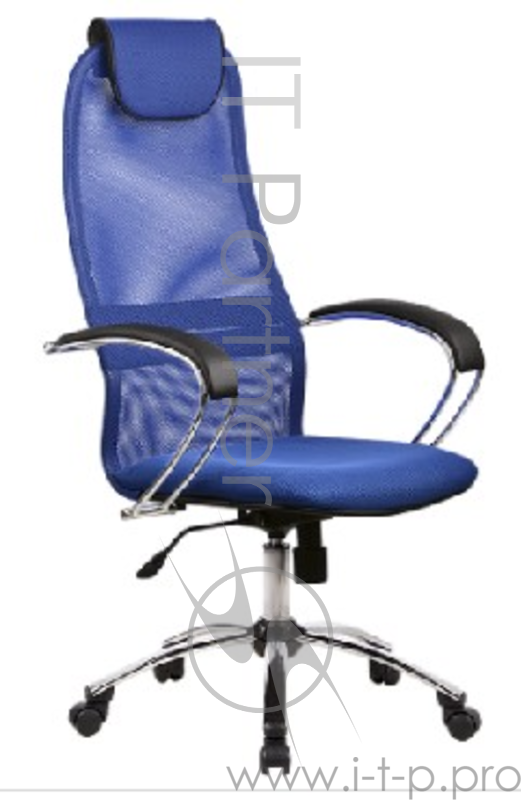 Кресло МЕТТА BK-8 CH № 23 сетка синяя сетка хром.подл., хром пятилучье Каркас кресла: цельный стальной, покрытый износостойким полимерным материалом под цвет черного пластика Подлокотники: хромированные стальные, с мягкими накладками, обитыми экокоже