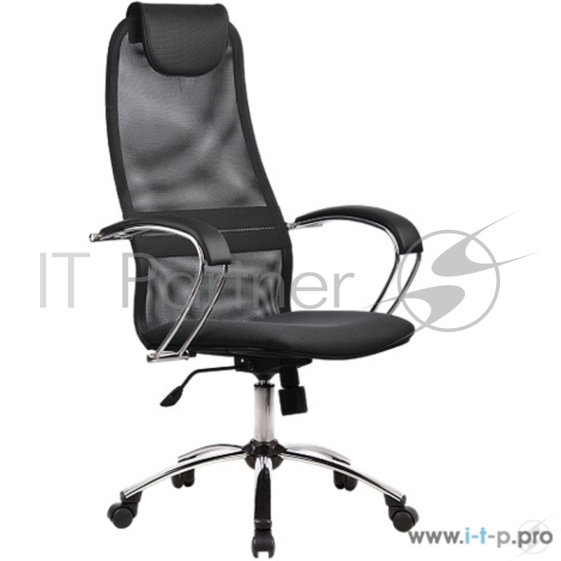 Кресло МЕТТА BK-8 CH № 21 сетка темно серая сетка хром.подл., хром пятилучье Каркас кресла: цельный стальной, покрытый износостойким полимерным материалом под цвет черного пластика Подлокотники: хромированные стальные, с мягкими накладками, обитыми э