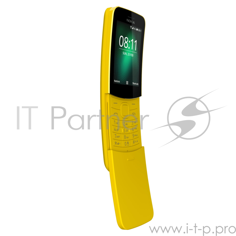 Телефон сотовый Nokia 8110 DS TA-1048 Yellow, 2.4'' 320x240, 1.1GHz, 2 Core, 512MB RAM, 4GB, 2Mpix, 2 Sim, 2G, 3G, LTE, BT, Wi-Fi, GPS, Micro-USB, 1500mAh, Smart Feature OS KaiOS, 117g, 133.45 x 49.3 x 14.9, IP52