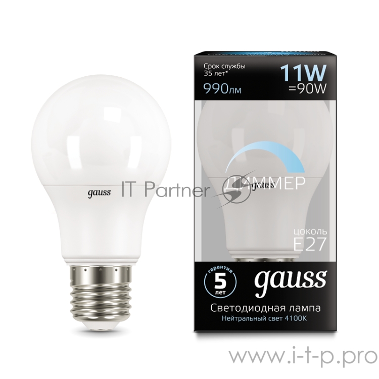 Лампа Gauss LED A60-dim E27 11W 990lm 4100К SQ102502211-D