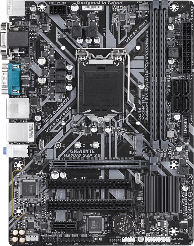 Материнская плата Gigabyte H310M S2P 2.0 Soc-1151v2 Intel H310C 2xDDR4 mATX AC`97 8ch(7.1) GbLAN+VGA+DVI+HDMI