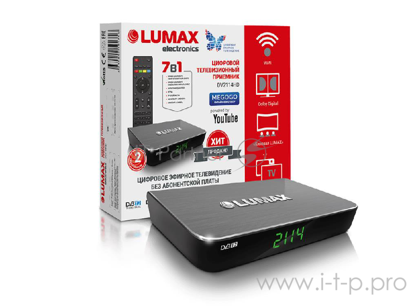 Приставка DVB-T2 LUMAX Приставка DVB-T2 LUMAX/ GX3235S, Пластик, Dolby Digital, IPTV-плейлисты, YouTube, Кинозал LUMAX (более 500 фильмов), MEGOGO, 3 RCA, USB, HDMI