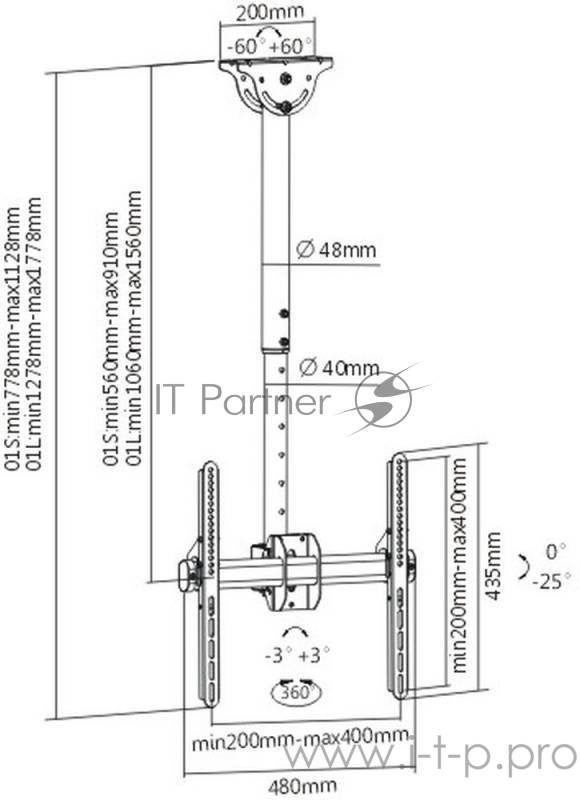 Кронштейн для телевизора Arm Media LCD-1700 черный 26-65 макс.55кг потолочный наклон