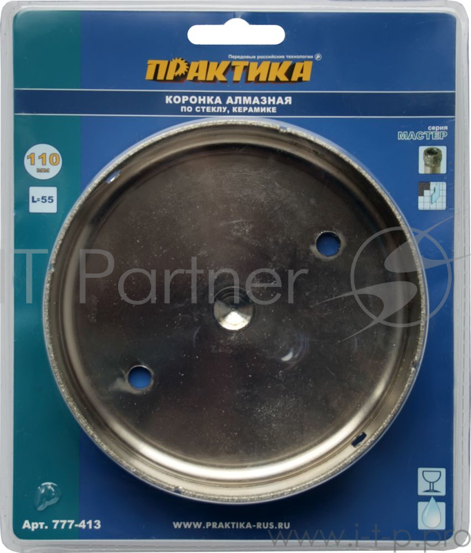 Коронка алм. ПРАКТИКА 777-413 110мм, 1шт., по стеклу и керамике