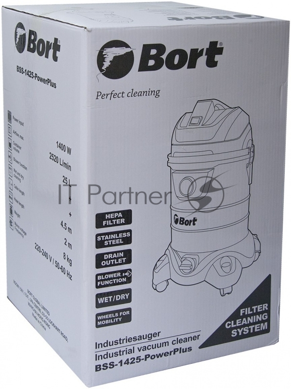 Пылесосы строительные Bort BSS-1425-PowerPlus Пылесос строительный 91272270 { 1400 Вт, вместимость 25 л, 42 л/сек, 8 кг, набор аксессуаров 7 шт }