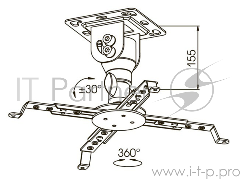 Крепление потолочное Kromax PROJECTOR-10 белый для проектора, 3 ст свободы, наклон 30°, вращение на 360°, от потолка 155 мм, нагрузка до 20 кг