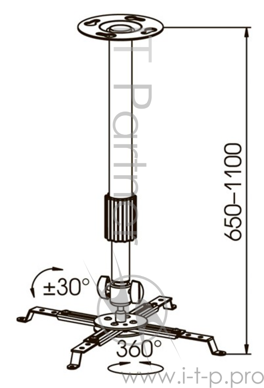 Крепление потолочное Kromax PROJECTOR-300 серый для проектора, 2 ст свободы, наклон 30°, вращение на 360°, от потолка 650-1100 мм, нагрузка до 10 кг