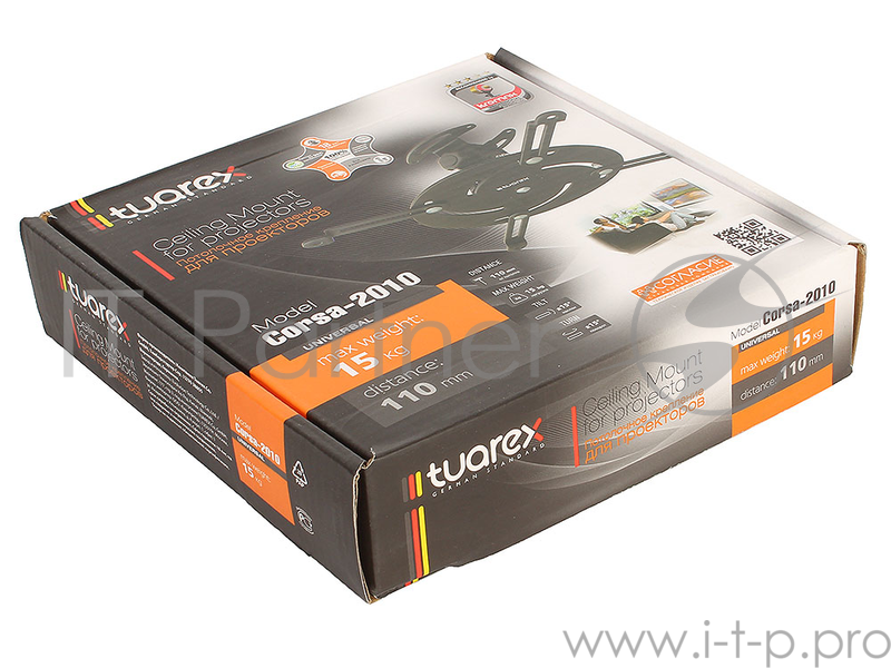 Потолочный кронштейн Tuarex Corsa 2010 black, для проекторов max 15 кг, 2 ст св., наклон и пов. +/-15°, от 110 мм.