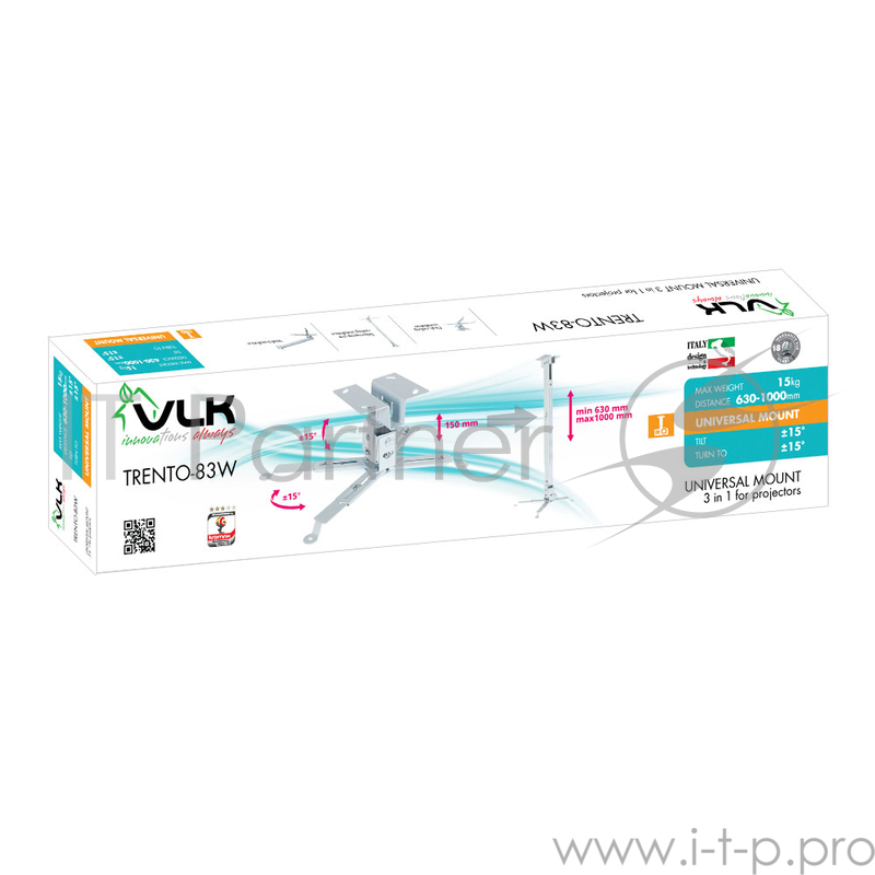 Кронштейн для проекторов VLK TRENTO-83w Белый, настенный/потолочный, max 15 кг, 3 ст своб/, наклон ±15°, от потолка 630-1000 мм