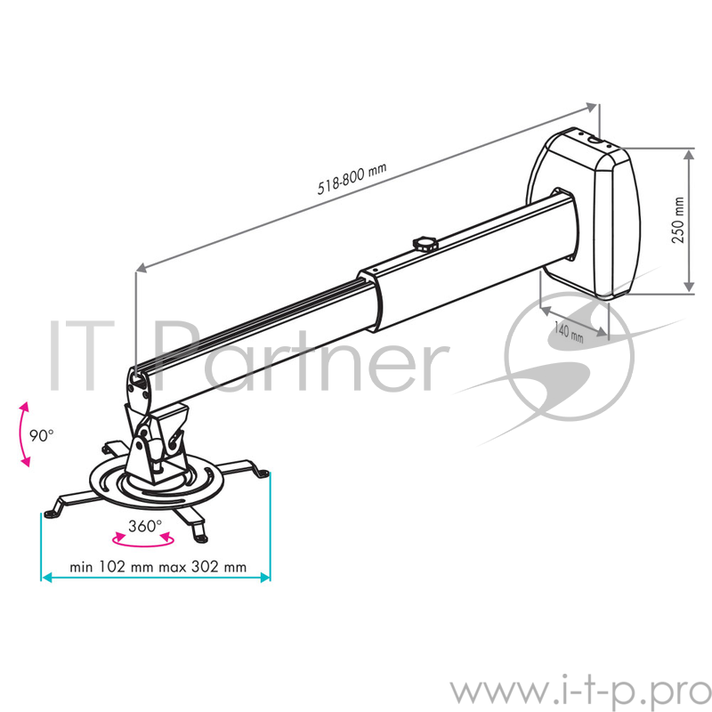 Кронштейн для проекторов VLK TRENTO-86 Белый, настенный, max 15 кг, 3 ст своб/, наклон 90°, вращение на 360°,от потолка 518-800 мм