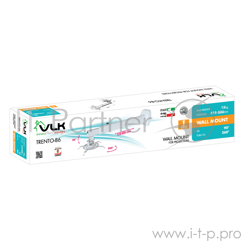 Кронштейн для проекторов VLK TRENTO-86 Белый, настенный, max 15 кг, 3 ст своб/, наклон 90°, вращение на 360°,от потолка 518-800 мм