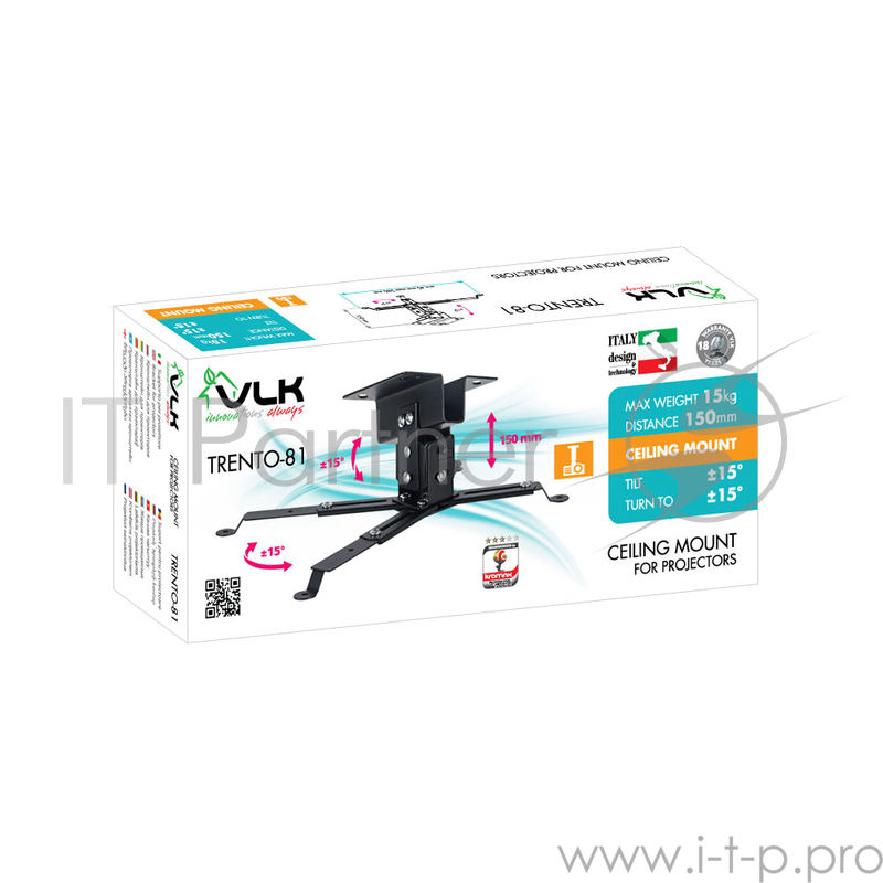 Кронштейн для проекторов VLK TRENTO-81 Черный, потолочный, max 15 кг, 3 ст свободы, наклон 15°, поворот на 15° от потолка 128 мм
