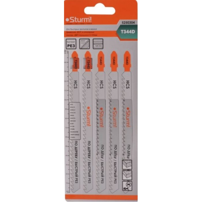 Полотно для лобзика Sturm 5250304 Пилки для лобзика Sturm! T344D 5шт быстрый рез,5-100мм, мяг.древ, ДСП, ДВП,стол.плиты 5250304