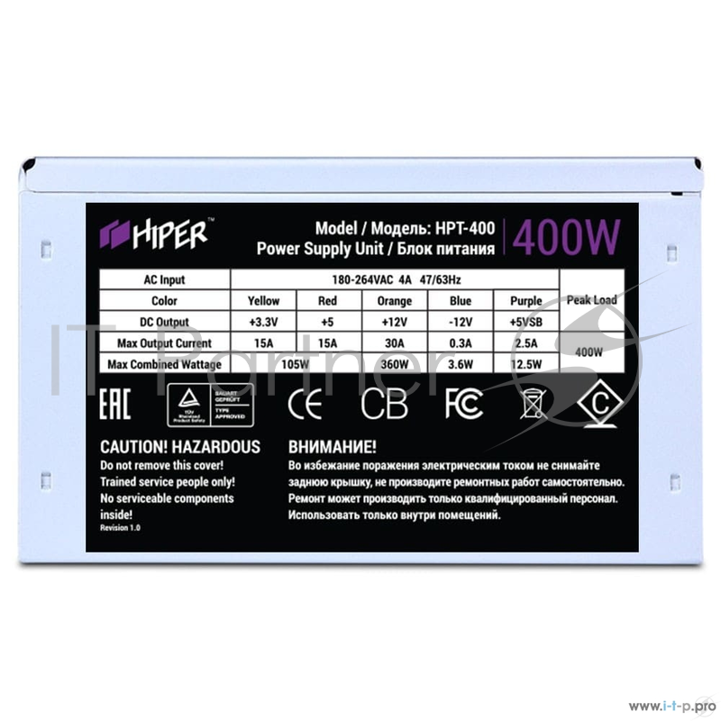 Блок питания HIPER HPT-400 (ATX 2.31, 400W, Passive PFC, 80mm fan, power cord) OEM