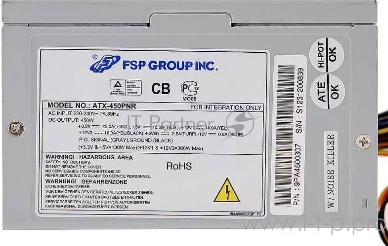 Блок питания FSP 450-PNR <450W, (20+4+4) pin, 6+2 pin, 2xFDD, 3xSATA, 2xMolex, 12 см, Active PFC, ATX> OEM