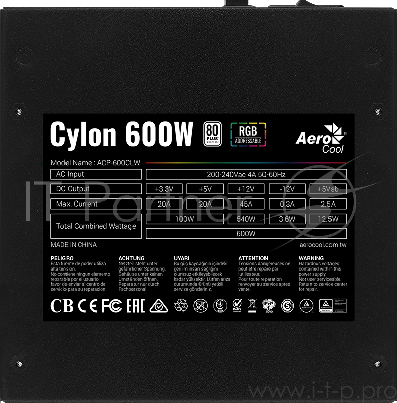 Блок питания Aerocool 600W Retail Cylon 600W , ATX v2.4, сертификат 80+, 13 режимов RGB подсветки, 20+4P x1, 4+4P x1 , PCIe 6+2P x2, PATA x3, SATA x5