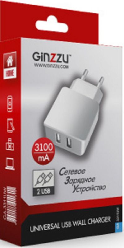 Аксессуар GINZZU GA-3311UW, СЗУ 5В/3.1A, 2USB порта, белый