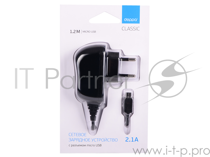 Сетевое зарядное устройство DEPPA 23141, microUSB, 2.1A, черный