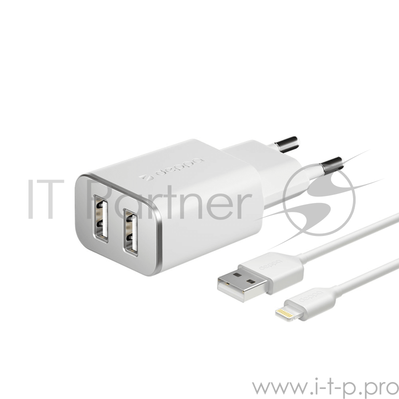 Зарядное устройство Deppa СЗУ 2 USB 2.4А + кабель Lightning, MFI, белый, Deppa