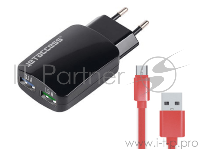 Универсальное зарядное устройство Jet.A UC-S28 от сети 220В (2USB,чип,3.1А,TPE каб microUSB), чёрное