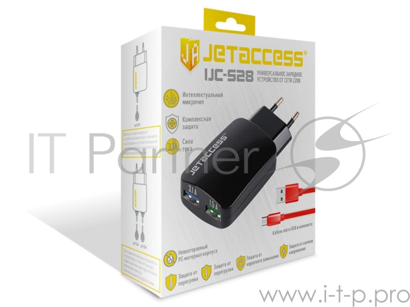Универсальное зарядное устройство Jet.A UC-S28 от сети 220В (2USB,чип,3.1А,TPE каб microUSB), чёрное