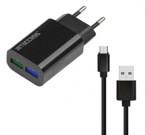 Универсальное зарядное устройство Jet.A UC-S26 от сети 220В (2USB, 2.1А, кабель microUSB), чёрное