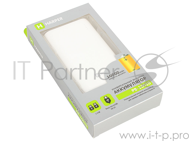 Внешний аккумулятор HARPER PB-10010 white (10000mAh/Li-Pol Выход 2 USB: 5V/1A и 5V/2,1A LED индикатор)