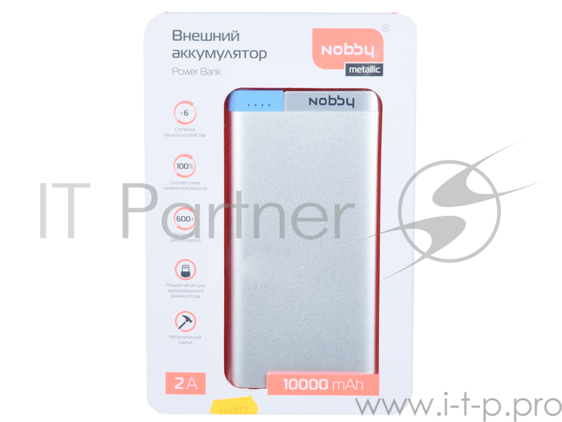 Внешний АКБ Nobby 10000мАч, USB+8-pin, 2A, Li-pol, сереб., Metallic (0306NB-031-001)