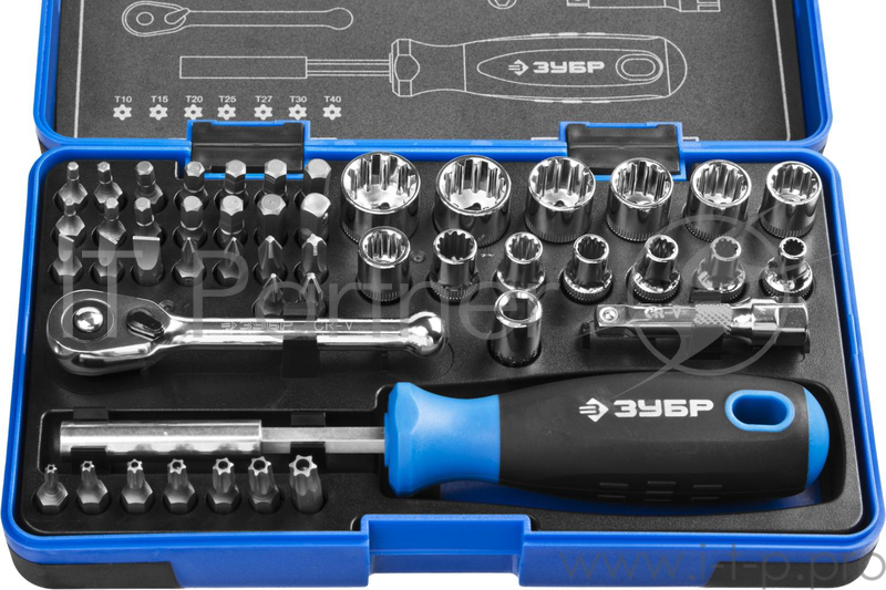 Набор ЗУБР ПРОФИ 25283-H47 с двухкомп рукояткой.насадки и мини трещетка.47 предм.пластиковый бокс