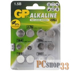 Батарейка GP ACM01-CR12 12/1440 (Набор дисковых батареек, 12 шт. в уп-ке) {Количество в упаковке — 12 (2 x LR41 (192), 2 x LR43 (186), 4 x LR44 (A76), 2 x LR54 (189), 2 x LR60 (164))}