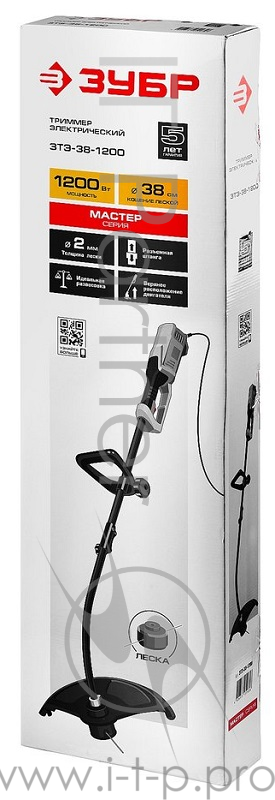 Триммер ЗУБР ЗТЭ-38-1200 Электрический Верхний двигатель Ш/С 380мм Леска 5*2мм Полуавтомат 1200Вт