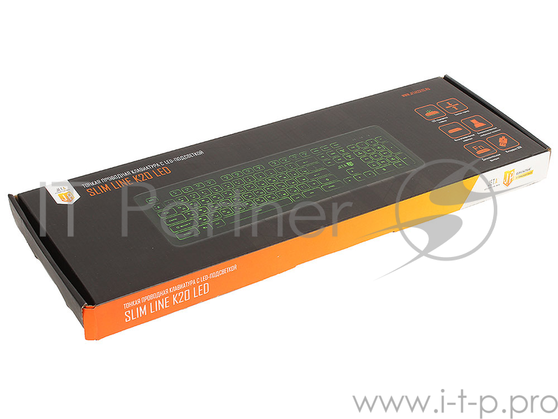 Проводная слим-клавиатура Jet.A SlimLine K20 LED с классической раскладкой и зелёной светодиодной подсветкой, 105 клавиш, USB, чёрная