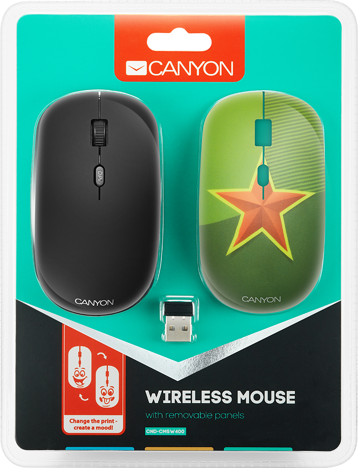 Беспроводная мышь CANYON CND-CMSW400S {wireless Optical Mouse with 4 buttons, DPI 800/1200/1600, 1 additional cover(Red Star), black, 103*58*32mm, 0.087kg, 2.4GHz}